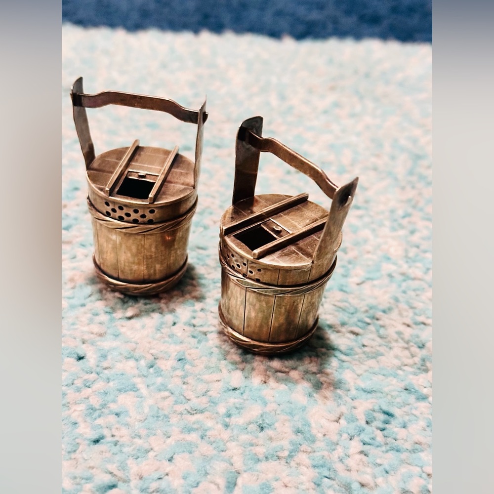 FIGURAL JAPANESE 950 STERLING SILVER SALT AND PEPPER SHAKERS YOKE BUCKET FORM